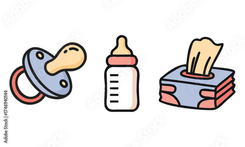 Baby essentials color icon set, pacifier, bottle, and wipes for newborn care and hygiene. 