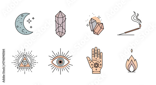 Mystical Symbols of the Moon Crystals Incense and Palmistry in Vector Art