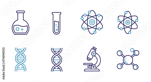 Science Icons Beaker Test Tube Atoms DNA Microscope and Molecules