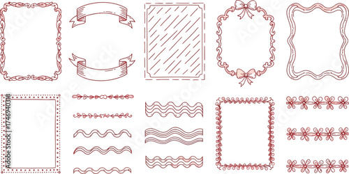 Assorted Pink Line Art Frames and Ribbon Elements Set on a Transparent Background