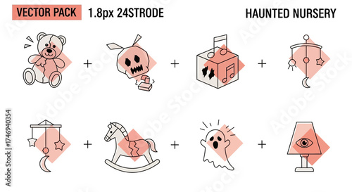 Spooky Nursery Icons Featuring Teddy Bear Skull and Ghostly Elements