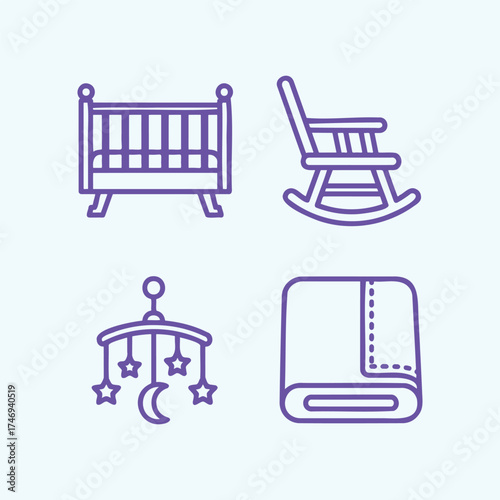 Baby icons set, crib, rocking chair, mobile, and blanket, all rendered in a simple, modern line art style