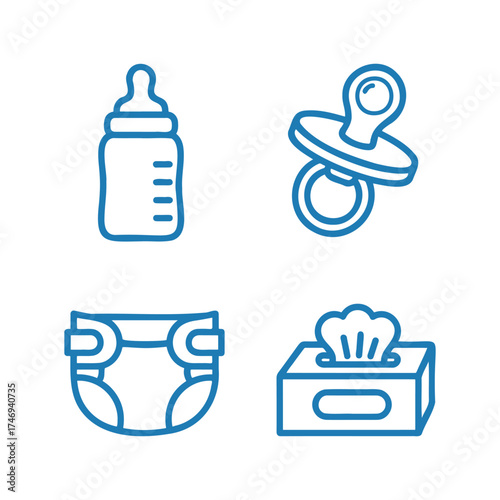 Baby icons set, bottle, pacifier, diaper, and wipes for infant care, hygiene, and parental convenience.