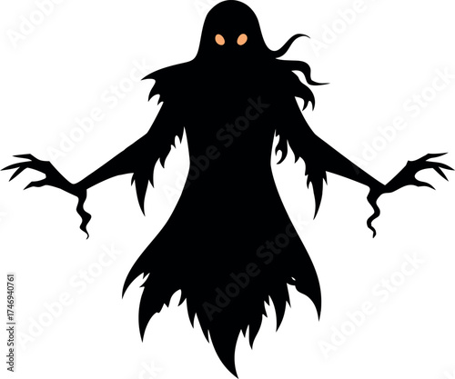Dark Ghost with Long Arms and Tattered Cloak, Creepy Halloween Vector Illustration