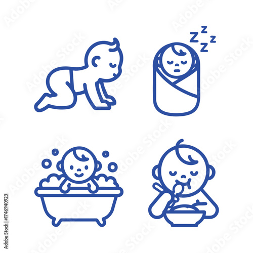 Baby icons set, Infant development stages crawling, sleeping, bathing, and eating, childhood growth.