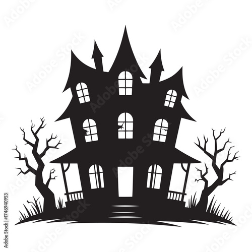 Spooky silhouette of a haunted mansion with bare trees against a white background for halloween