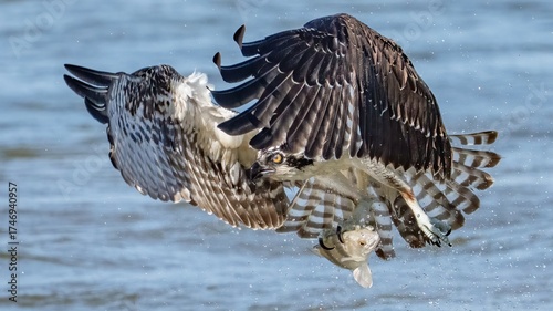 Osprey in flight and catching fish for dinner