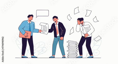 Business people struggling with overwhelming paperwork and disorganized tasks.

