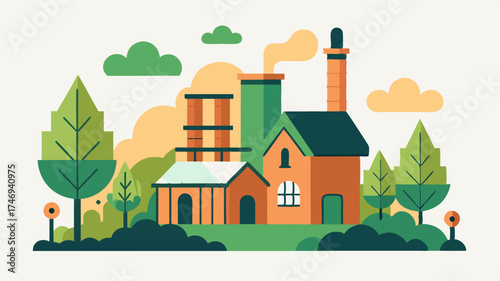 A handdrawn landscape of a quaint brewery with blooming hop gardens tall chimneys and staff in traditional brewing attire.