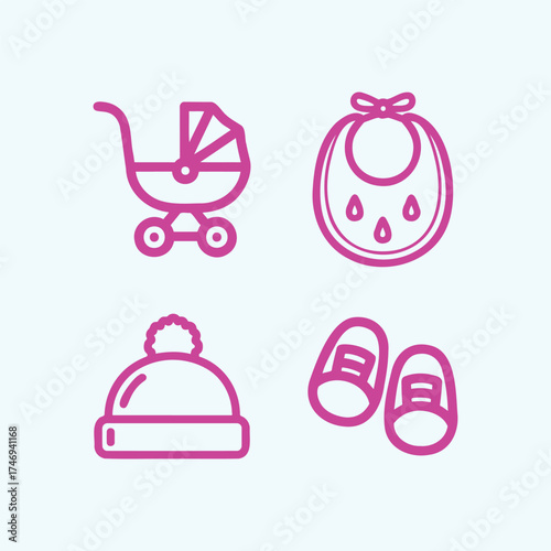 Baby icons set, stroller, bib, hat, and shoes, infant care and early childhood