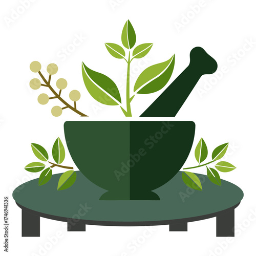 Vector art illustration of mortar and pestle with vines and leaves