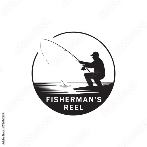 Fisherman Silhouette in Circle Logo Vector