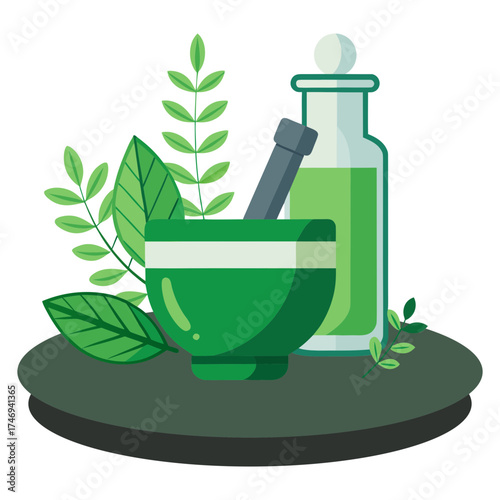 mortar and pestle with green leaves
