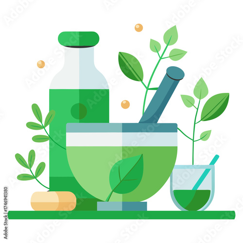 Vector art illustration of mortar and pestle with vines and leaves