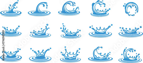 Blue Water Splashes Set with Ripples and Droplets on White Background
