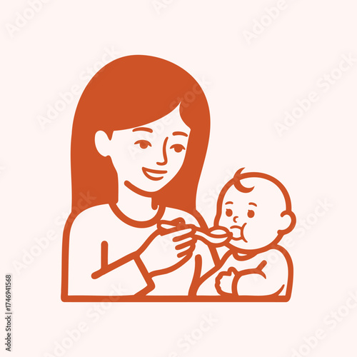 Illustration of a mother feeding her baby with a spoon icon, a nurturing scene of maternal care and feeding
