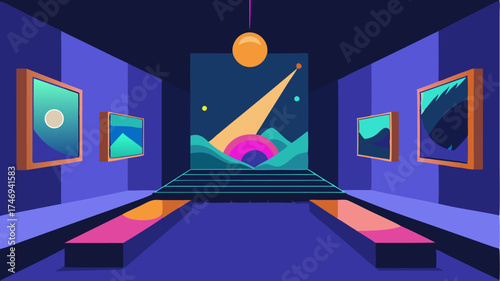 A spectacle of light and color in a digital art gallery where multimedia installations project motion graphics and music in sync.