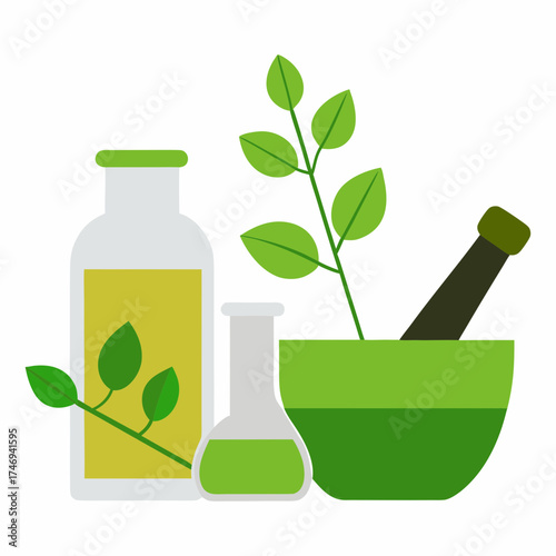 Vector art illustration of mortar and pestle with vines and leaves