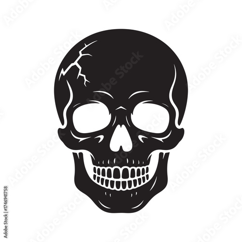 Stylized black human skull silhouette with empty eye sockets and grinning teeth