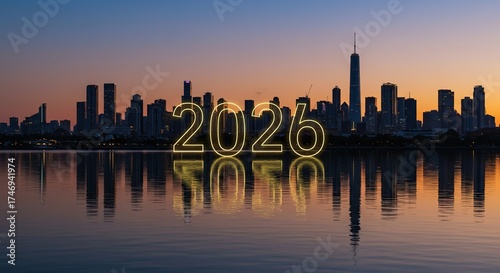 New York City Skyline Reflecting 2026 Year at Sunset.