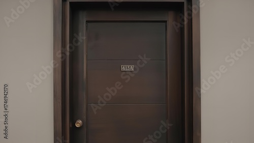 A closed brown door with the number four one three a on it in a hotel or apartment hallway setting