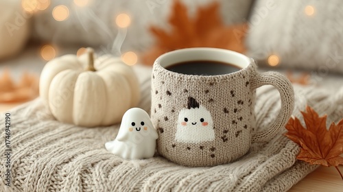 Cozy Halloween Coffee with Ghost Mug and White Pumpkin Decor