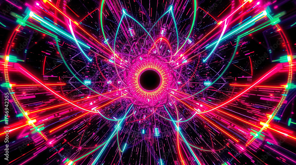 Obraz premium a futuristic tunnel filled with neon lights of different colors, creating the effect of movement and speed, leading the viewer deeper, Colored neon stripes,