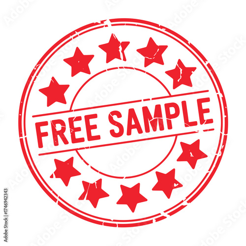 Red circular stamp with free sample text and stars