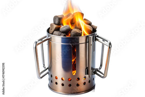 Charcoal chimney starter with burning briquettes, isolated on a transparent background. png