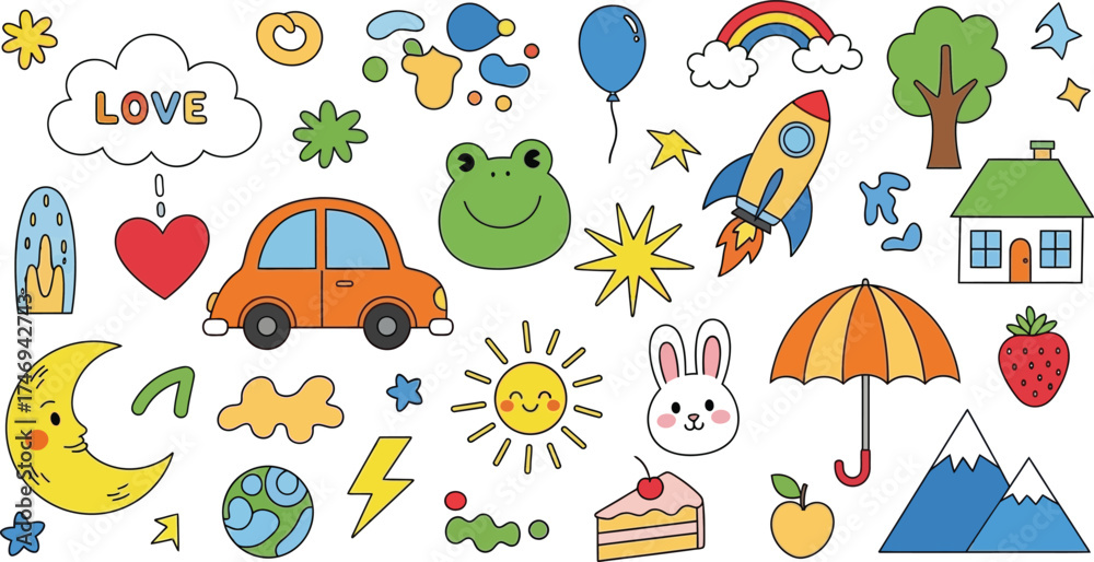 Obraz premium Colorful Cartoon Doodle Collection with Sun, Car, Rocket, Rainbow and More on White