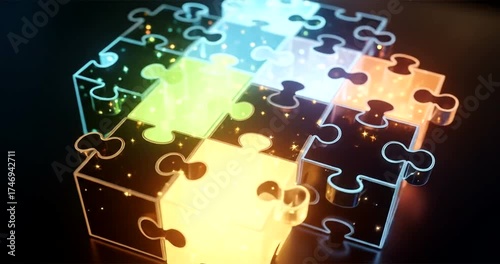 Glowing puzzle pieces assemble into a connected structure against a dark background.