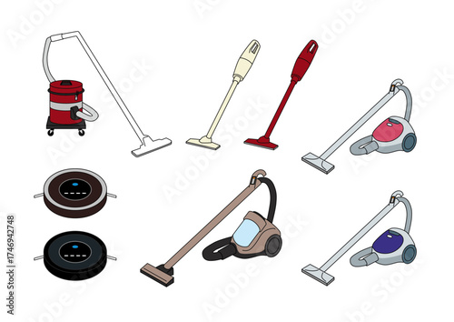 A collection of various vacuum cleaner types, including canister, stick, upright, and robotic models, displayed on a white background.