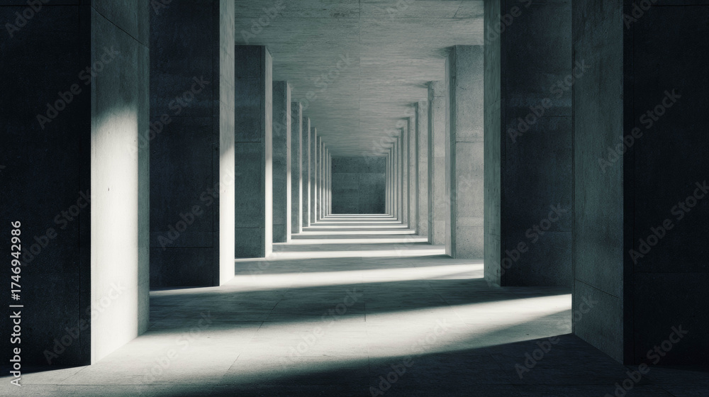 Fototapeta premium Concrete corridor with symmetrical columns and dramatic lighting creating a modern architectural space