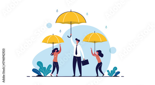 Business people protected under umbrellas from financial risks.

