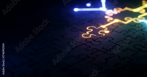 Glowing lines connect puzzle pieces forming a complex network.