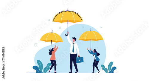 Business people protected under umbrellas from financial risks.


