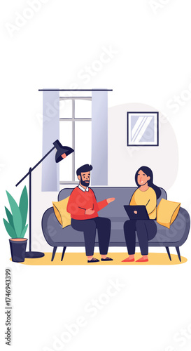 Couple discussing issues on sofa with therapist in a modern living room

