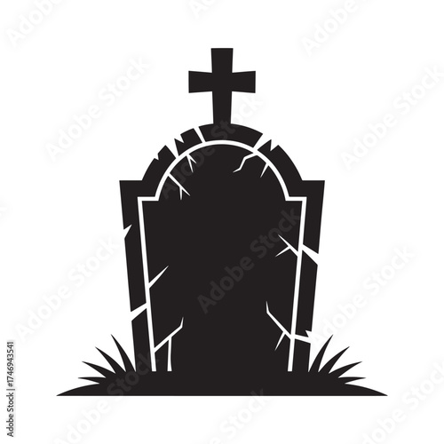 Black silhouette of a cracked tombstone with a cross and grass on a white background