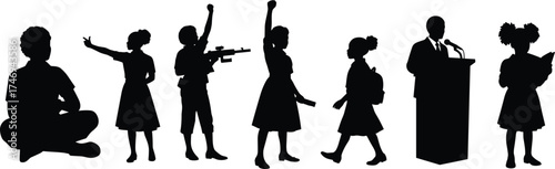 Girl silhouette life stages, childhood to adulthood, peace sign, protest, rifle, backpack, podium speech, reading book, growth, empowerment, education