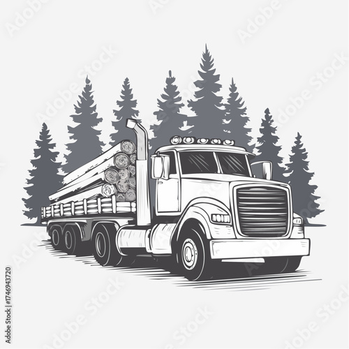 Vintage Logging Truck Transporting Wood in Forest.