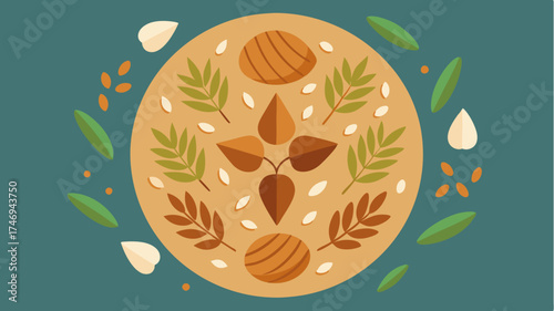A stylized flatlay of various whole grains and nuts arranged in circular patterns surrounded by fresh herbs and es on a textured backdrop.