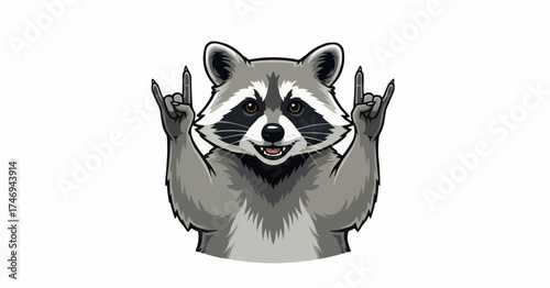 Cool raccoon mascot making rock and roll hand gesture, perfect for edgy brand identity