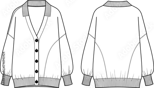 Balloon sleeve cardigan technical fashion sketch, front and back view, button front, flat vector illustration, garment design, cad drawing template