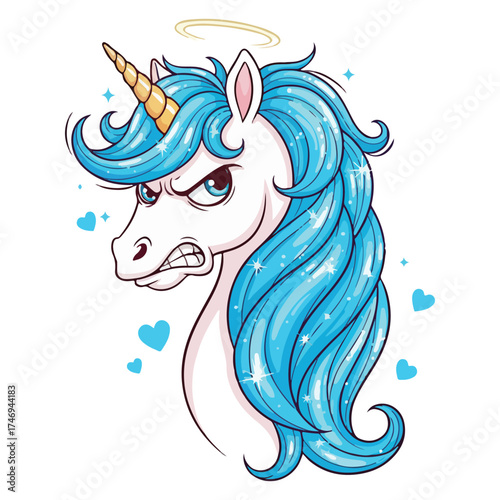 Cute Magical Unicorn Angry Head Vector 