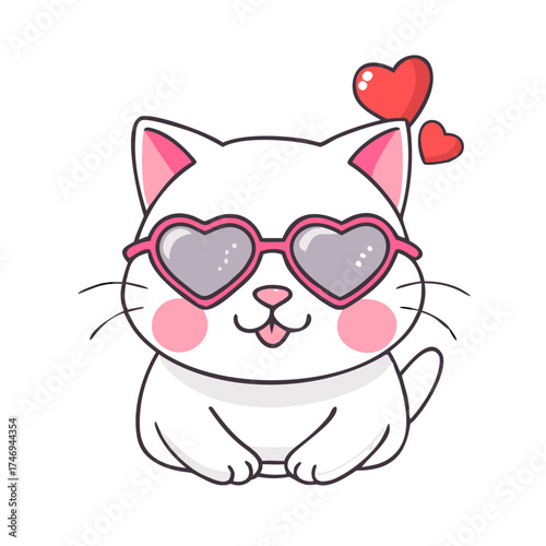 Cute cartoon white cat with heart shape sunglasses. Hand drawn vector illustration. Funny Valentine's day character card template.vector icon
