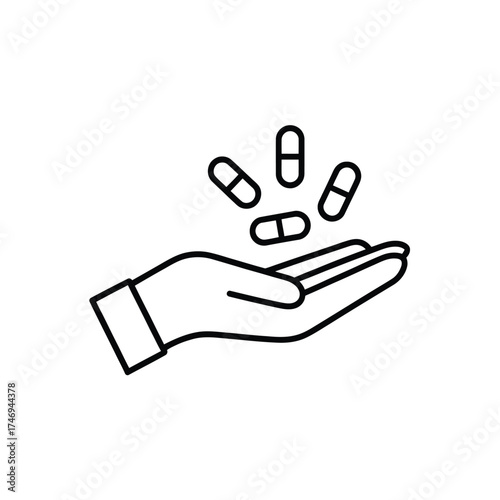 Hand holding falling medical capsules icon