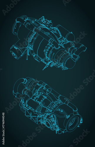 Aircraft gas turbine engine APU isometric blueprints