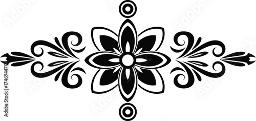 Decorative Floral Element with Swirls Black and White Isolated on White Background
