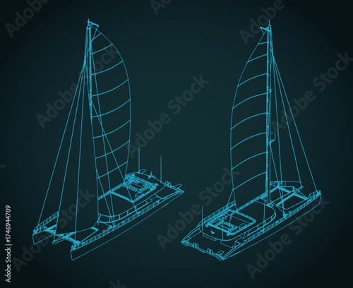 Large sailing catamaran isometric technical drawings