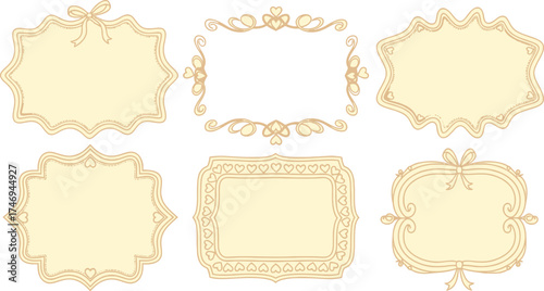 Decorative Frames Set with Hearts and Bows, Hand Drawn Vintage Style on White